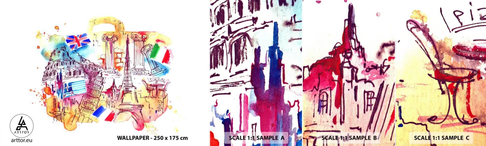 Vzorka samolepiacej fototapety Deluxe Sticker - Európske turné - Abstrakcia, Cestuje, Kufor - 100x30 cm