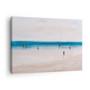 Obraz na plátne - Pláž s ľuďmi na pozadí pokojného mora - 70x50cm - Prirodzená potreba - Moderná nástenná dekorácia do obývacej izby a spálne ARTTOR