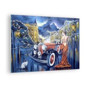 Obraz na skle - Žena v elegantných šatách vedľa klasického auta - 70x50cm - Nokturno v modrej a koralovej - Moderná nástenná dekorácia do obývacej izby a spálne ARTTOR