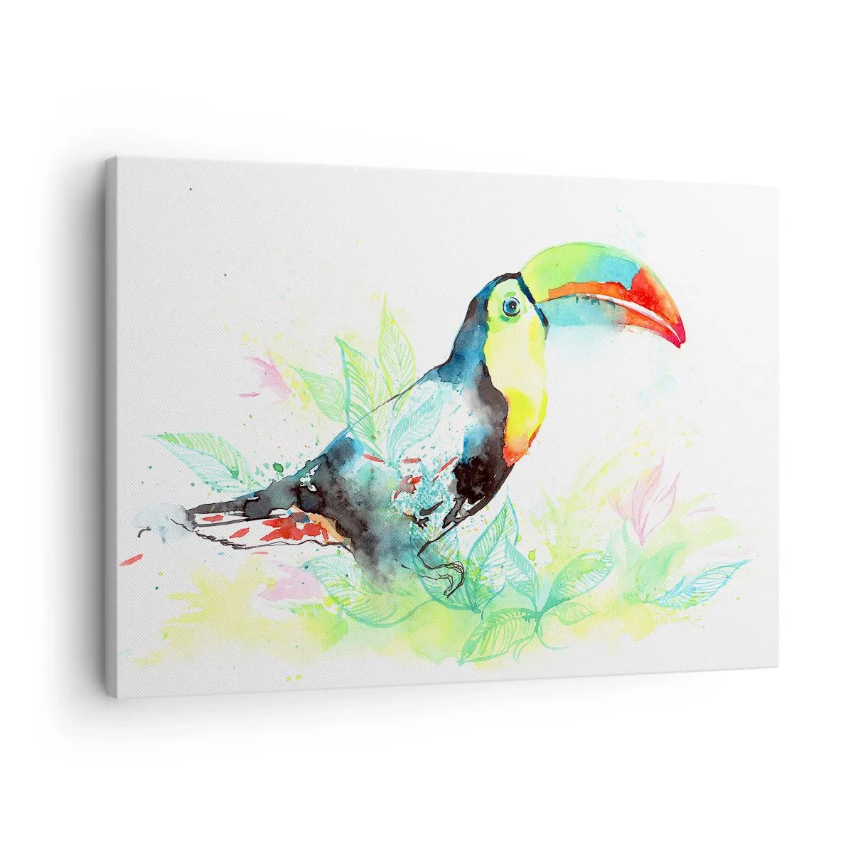 Obraz na plátne - Akvarelová ilustrácia tukána na tropickom pozadí - 70x50cm - Farebný ako Južná Amerika - Moderná nástenná dekorácia do obývacej izby a spálne ARTTOR
