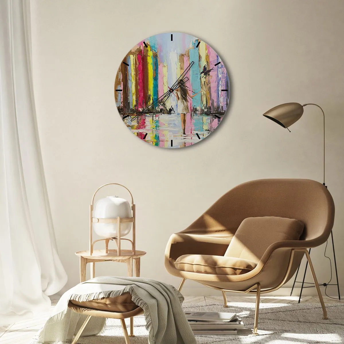 Nástenné hodiny - Žena v bielych šatách v farebnom mestskom prostredí - 30x30cm - Poď so mnou - Moderná nástenná dekorácia do obývacej izby, kuchyne a spálne ARTTOR