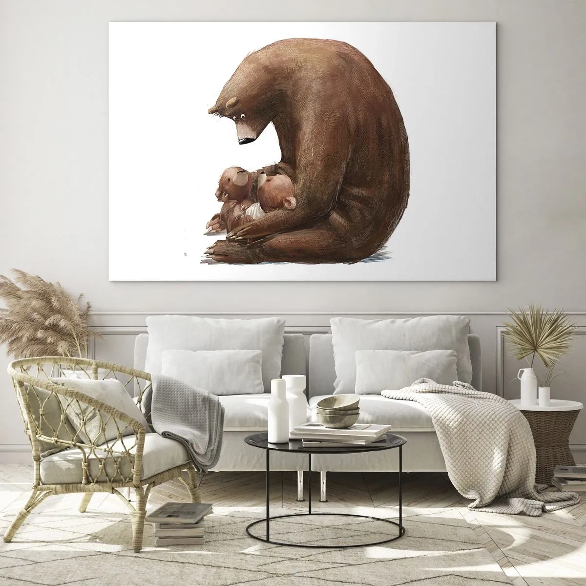 Obraz na skle - Medvedica objíma dve malé medvedíky - 70x50cm - Sladké sny, deti - Moderná nástenná dekorácia do obývacej izby a spálne ARTTOR