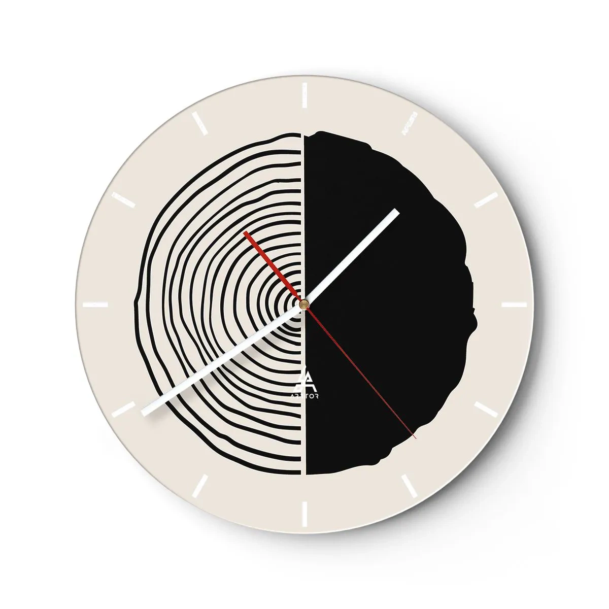 Nástenné hodiny - Minimalistický motív prierezu kmeňa v kontrastných farbách - 30x30cm - Pol na pol - Moderná nástenná dekorácia do obývacej izby, kuchyne a spálne ARTTOR
