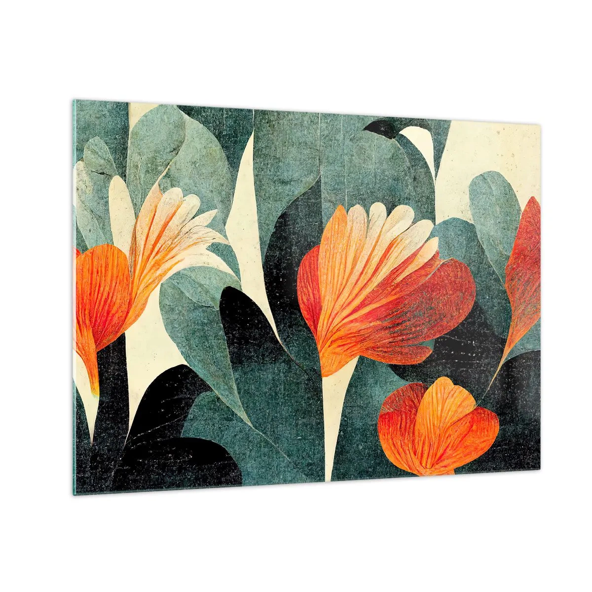 Obraz na skle - Oranžové kvety na pozadí tmavozelených listov - 70x50cm - Tropické horúco a chlad zelene - Moderná nástenná dekorácia do obývacej izby a spálne ARTTOR