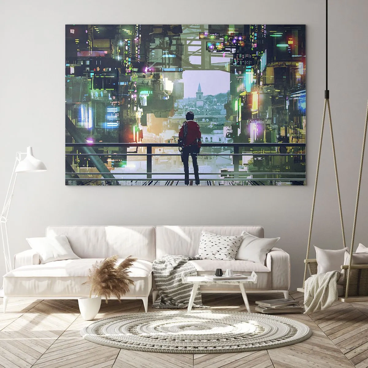 Obraz na skle - Postava na pozadí futuristického mesta s výhľadom na staré mesto - 70x50cm - Dva svety - Moderná nástenná dekorácia do obývacej izby a spálne ARTTOR