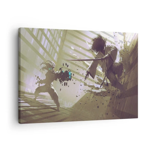 Obraz na plátne - Dynamický súboj medzi dvoma postavami vo futuristickom štýle - 70x50cm - Aj ty môžeš byť samurajom - Moderná nástenná dekorácia do obývacej izby a spálne ARTTOR
