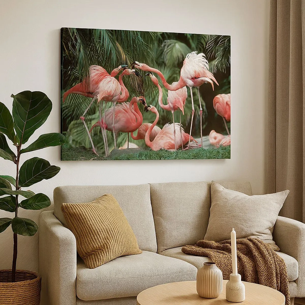 Obraz na plátne - Skupina plameniakov v tropickom prostredí obklopená palmami - 70x50cm - Popoludňajšie klebety - Moderná nástenná dekorácia do obývacej izby a spálne ARTTOR