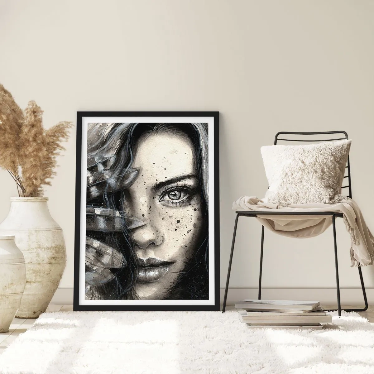 Plagát v čiernom ráme - Portrét ženy v monochromatickom štýle - 50x70cm - Divoká krása - Moderná nástenná dekorácia do obývacej izby a spálne ARTTOR