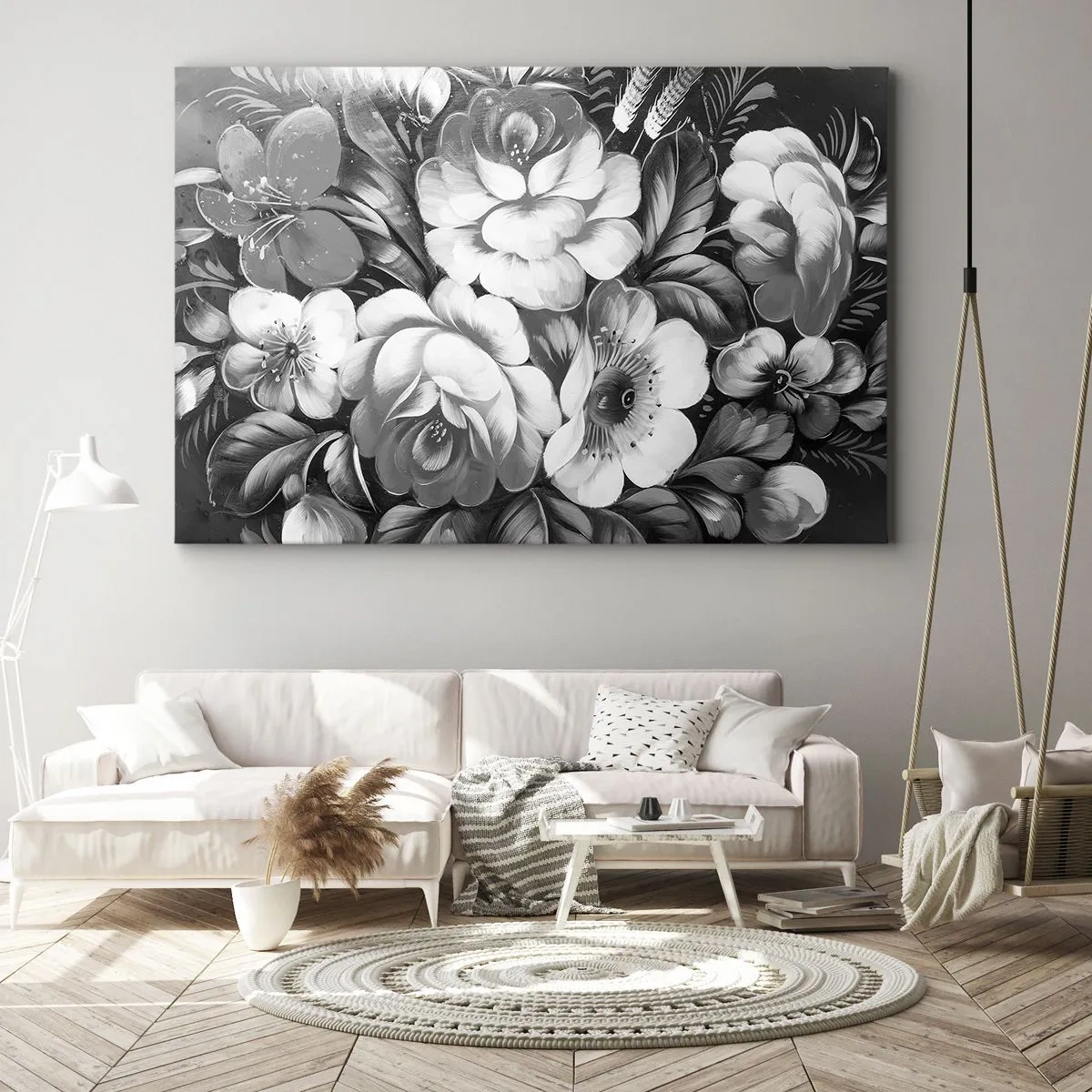 Obraz na plátne - Čiernobiele kvety v klasickej a elegantnej kompozícii - 70x50cm - Krásne dokonca v šedej - Moderná nástenná dekorácia do obývacej izby a spálne ARTTOR