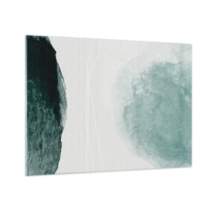 Obraz na skle - Zelené abstraktné tvary na svetlom pozadí pripomínajúce hmlu - 70x50cm - Stretnutie s hmlou - Moderná nástenná dekorácia do obývacej izby a spálne ARTTOR