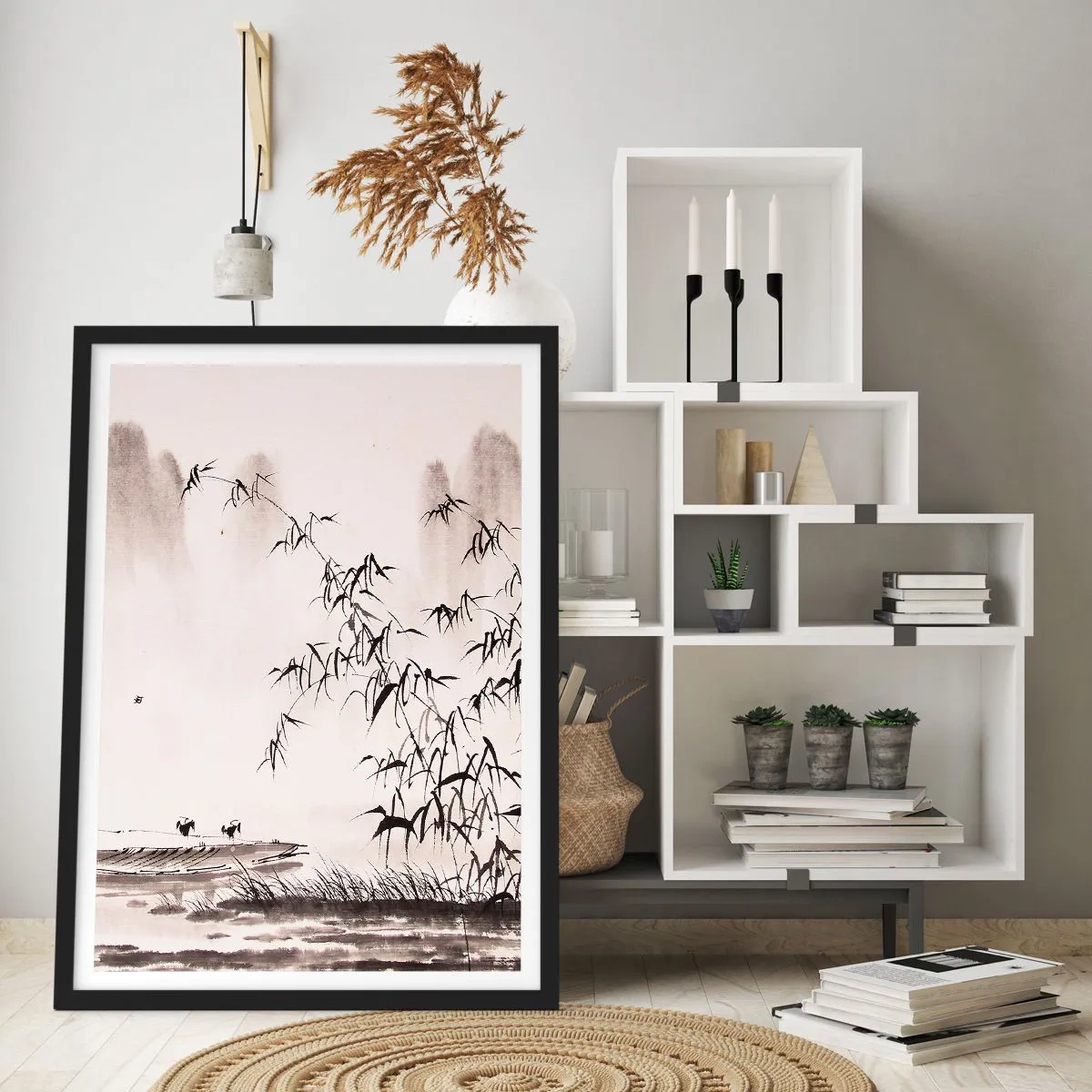 Plagát v čiernom ráme - Minimalistická krajina s bambusom v orientálnom štýle. - 50x70cm - Pokoj ryžových polí - Moderná nástenná dekorácia do obývacej izby a spálne ARTTOR