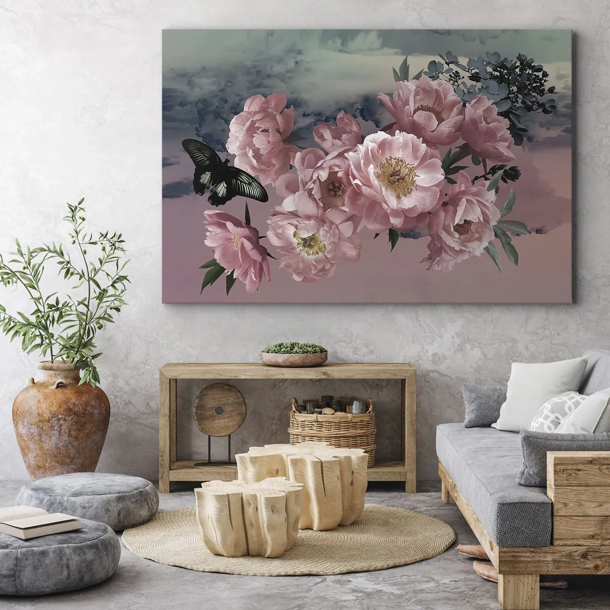 Obraz na plátne - Ružové pivonky s motýľom na pastelovom pozadí - 70x50cm - Vrchol romantizmu - Moderná nástenná dekorácia do obývacej izby a spálne ARTTOR