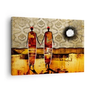 Obraz na plátne - Abstraktný pár postáv na pozadí zlatých vzorov a krajiny. - 70x50cm - Etnická kompozícia vo farbách Afriky - Moderná nástenná dekorácia do obývacej izby a spálne ARTTOR