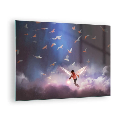 Obraz na skle - Postava s anjelskými krídlami vznášajúca sa medzi oblakmi - 70x50cm - Treba mať odvahu a predstavivosť - Moderná nástenná dekorácia do obývacej izby a spálne ARTTOR