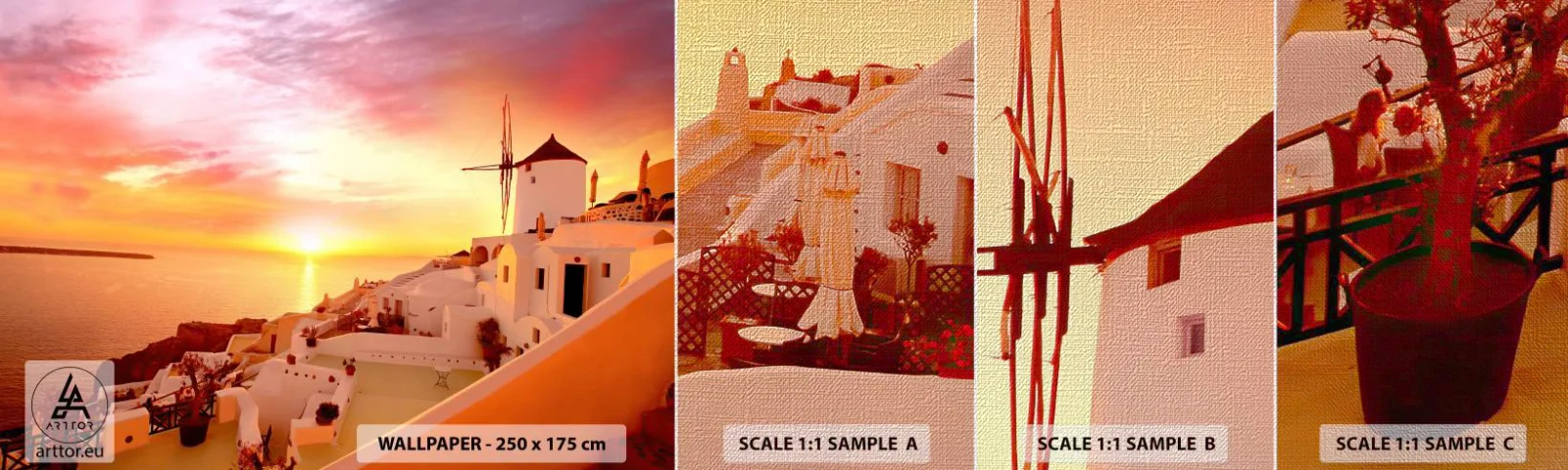 Vzorka fototapety Premium Canvas - Rozplynúť sa v bielej a zlatej - Krajina, Santorini, Grécko - 100x30 cm
