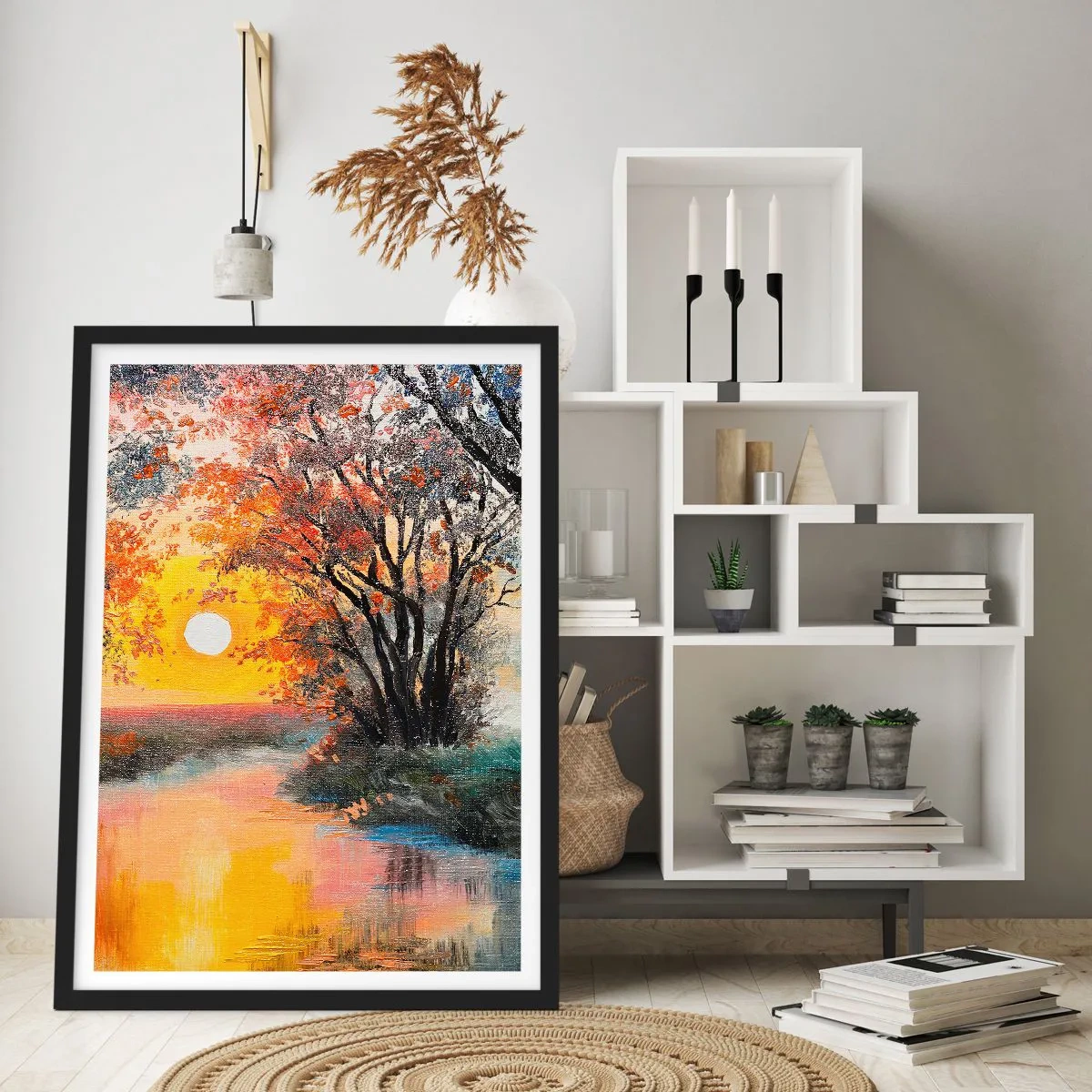 Plagát v čiernom ráme - Západ slnka nad riekou so stromami - 50x70cm - Jesenný nádych - Moderná nástenná dekorácia do obývacej izby a spálne ARTTOR