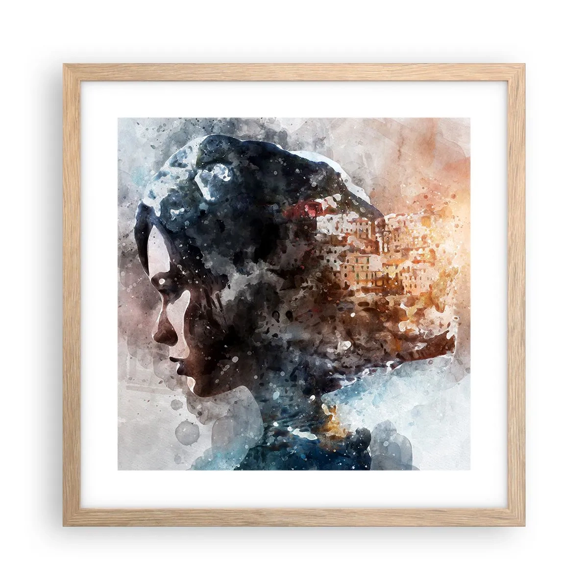 Plagát v ráme zo svetlého duba - Príbeh o dievčati s mestom v pozadí - 40x40 cm