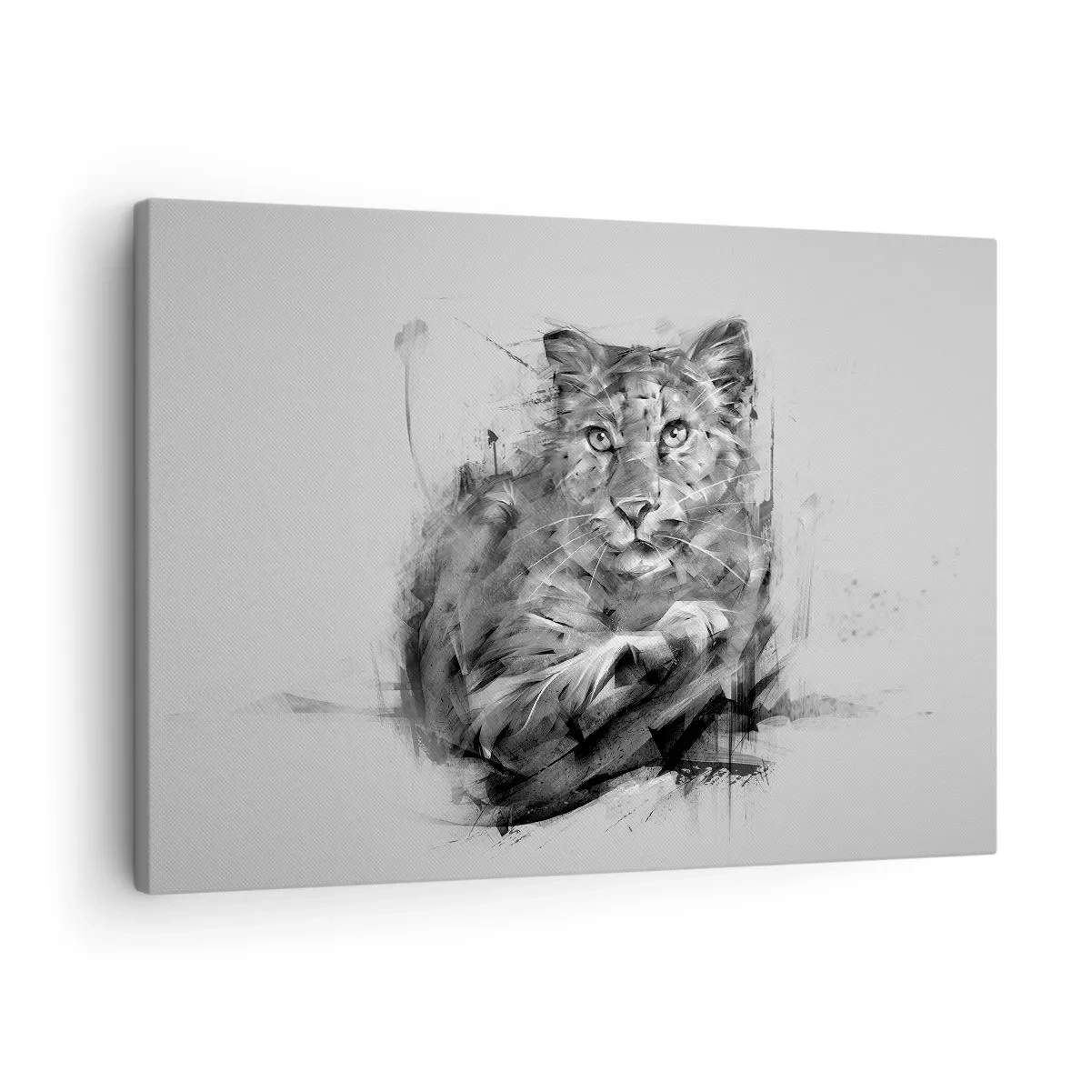 Obraz na plátne - Čiernobiely portrét leva v umeleckom štýle s dynamickými ťahmi. - 70x50cm - Áno, pozorne počúvam - Moderná nástenná dekorácia do obývacej izby a spálne ARTTOR