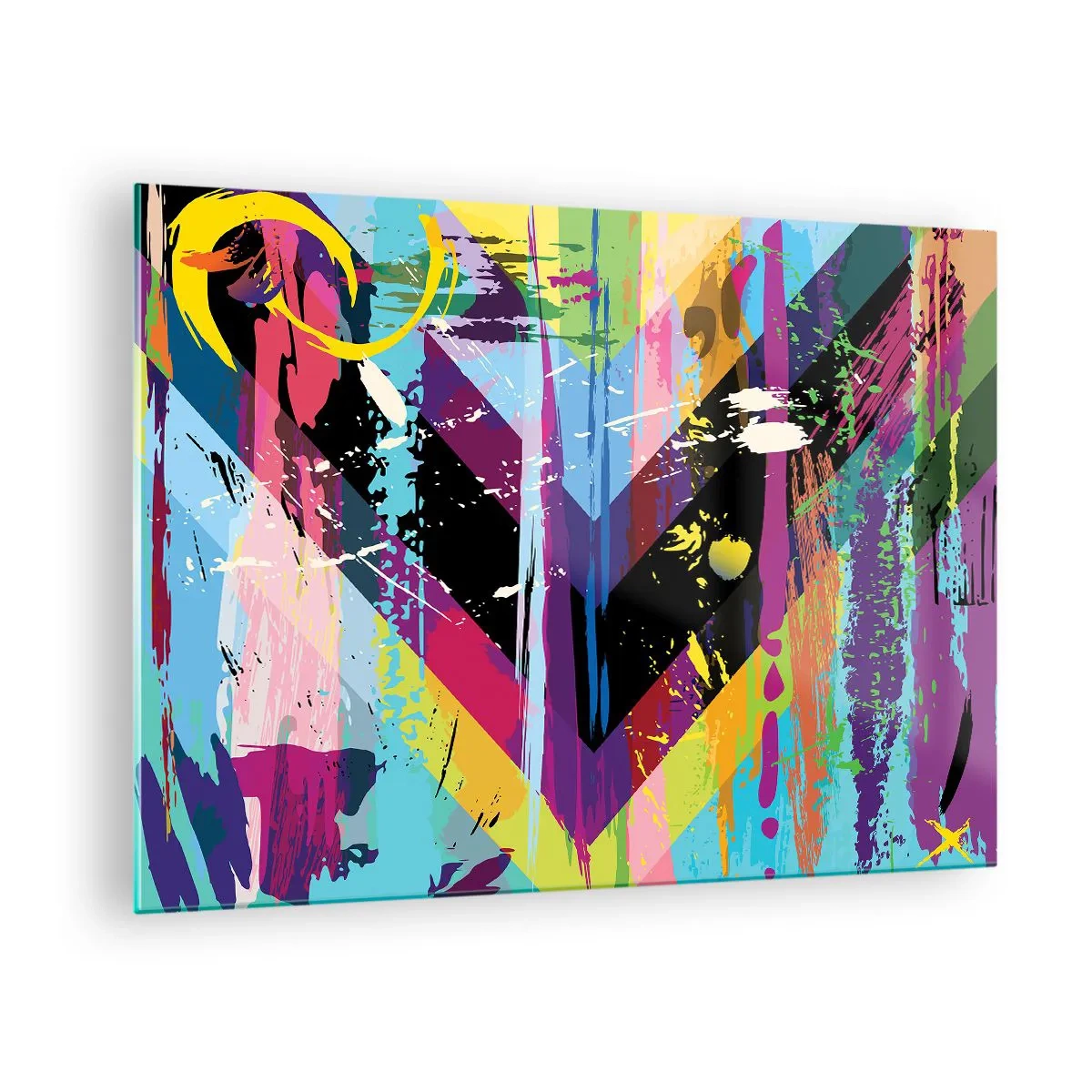 Obraz na skle - Farebná abstrakcia s dynamickými tvarmi a intenzívnymi farbami - 70x50cm - Zhora nadol - Moderná nástenná dekorácia do obývacej izby a spálne ARTTOR