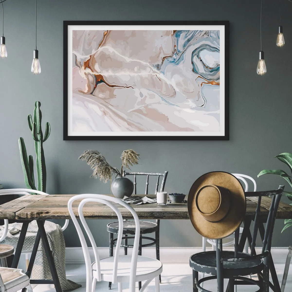 Plagát v čiernom ráme - Modré meandre pod bielou - 100x70 cm