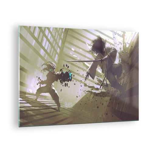 Obraz na skle - Samurajský súboj v dynamickej scéne - 70x50cm - Aj ty môžeš byť samurajom - Moderná nástenná dekorácia do obývacej izby a spálne ARTTOR