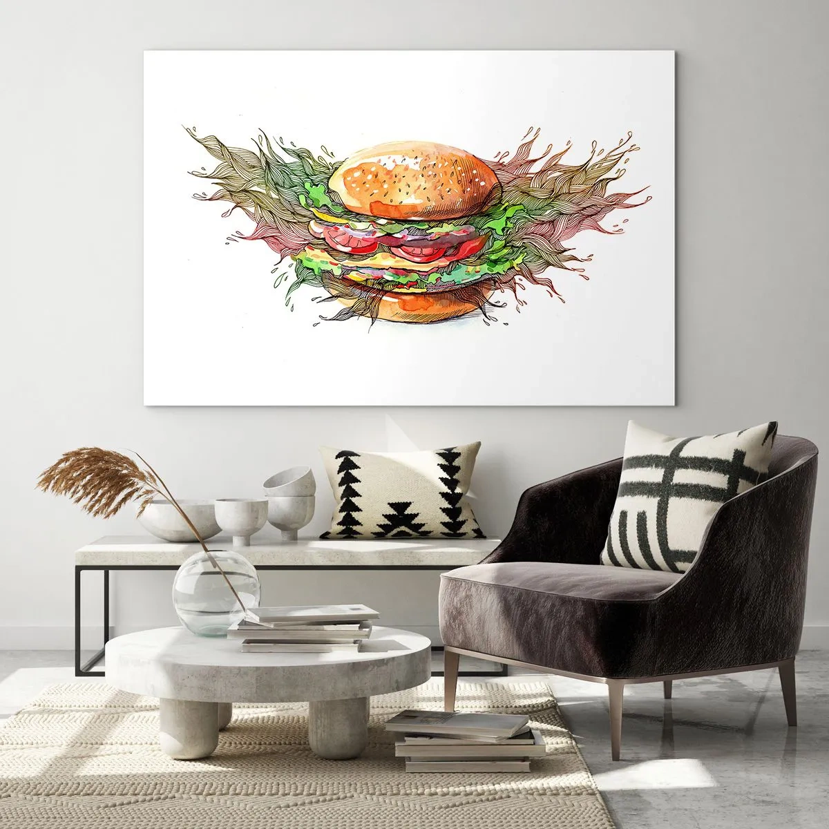 Obraz na skle - Umelecká kresba burgeru s detailmi akvarelu - 70x50cm - Horúce pokušenie - Moderná nástenná dekorácia do obývacej izby a spálne ARTTOR