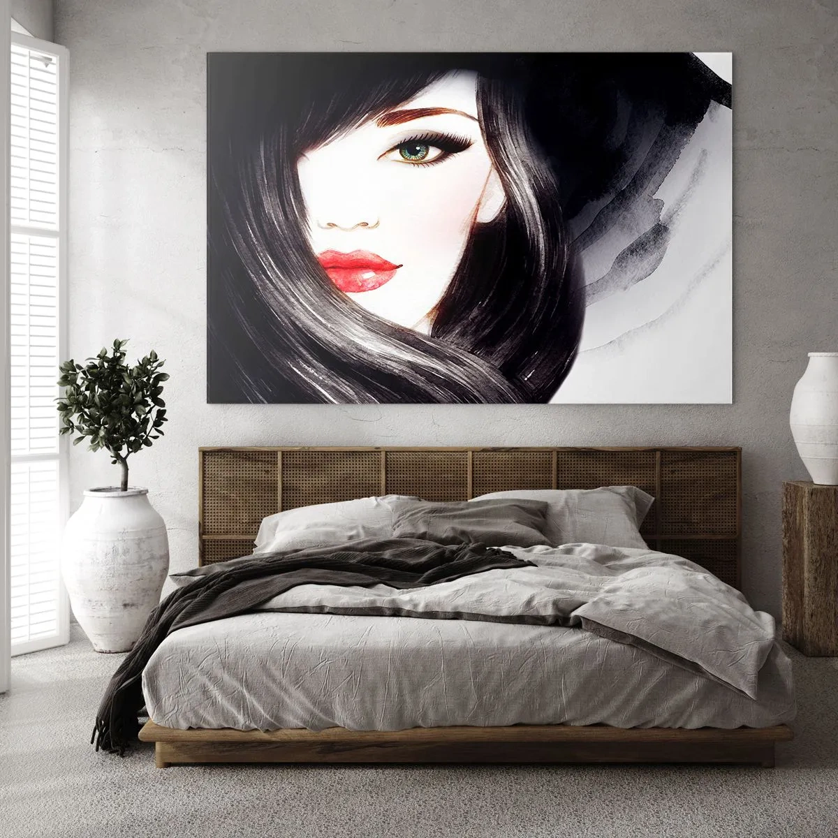 Obraz na skle - Portrét ženy s čiernymi vlasmi a výraznými červenými perami - 70x50cm - Zafírový pohľad - Moderná nástenná dekorácia do obývacej izby a spálne ARTTOR