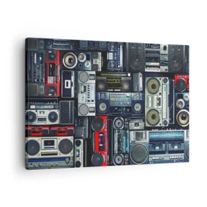Obraz na plátne - Koláž retro magnetofónov a historických reproduktorov. - 70x50cm - Túžba po 80. rokoch - Moderná nástenná dekorácia do obývacej izby a spálne ARTTOR