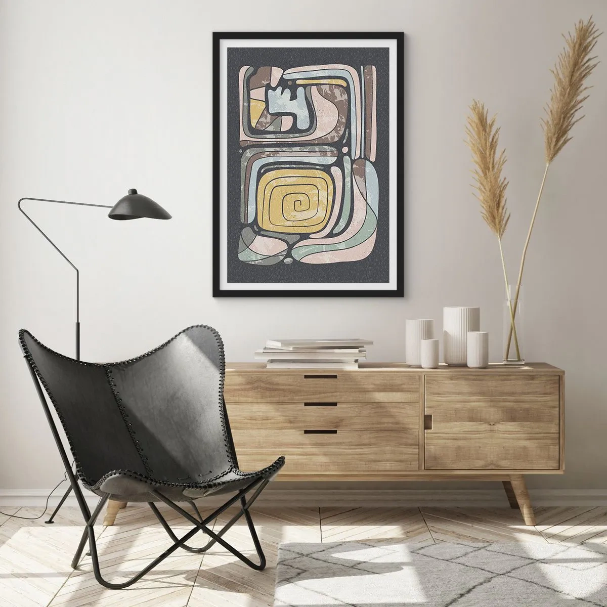 Plagát v čiernom ráme - Abstraktné umelecké diela s geometrickými vzormi v zemitých tónoch - 50x70cm - Abstrakcia v predkolumbovskom duchu - Moderná nástenná dekorácia do obývacej izby a spálne ARTTOR