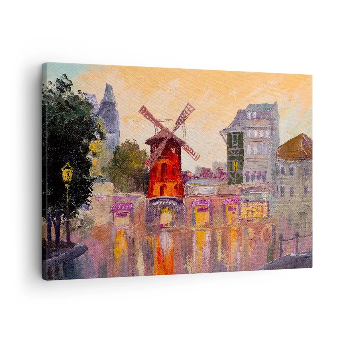 Obraz na plátne - Červený veterný mlyn Moulin Rouge obklopený panorámou mesta - 70x50cm - Parížske ikony – Moulin Rouge - Moderná nástenná dekorácia do obývacej izby a spálne ARTTOR
