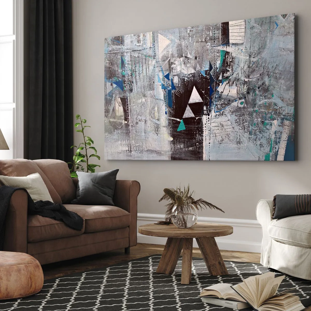 Obraz na plátne - Abstraktná kompozícia s trojuholníkmi a geometrickými vzormi - 70x50cm - Prednostné poradie trojuholníkov - Moderná nástenná dekorácia do obývacej izby a spálne ARTTOR