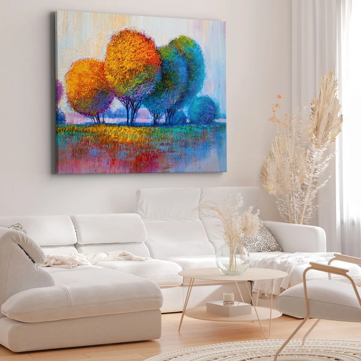 Obraz na plátne - Farebné stromy v impresionistickej krajine - 70x50cm - Trs žiarivých farieb - Moderná nástenná dekorácia do obývacej izby a spálne ARTTOR