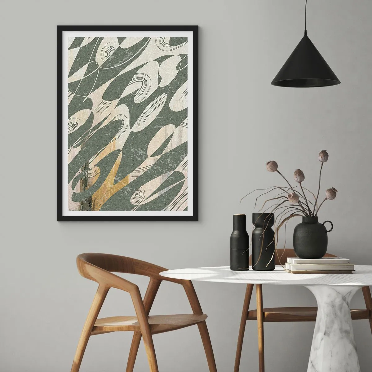 Plagát v čiernom ráme - Abstraktná kompozícia organických tvarov v zelenej a béžovej farbe. - 50x70cm - Rytmizovaná abstrakcia - Moderná nástenná dekorácia do obývacej izby a spálne ARTTOR