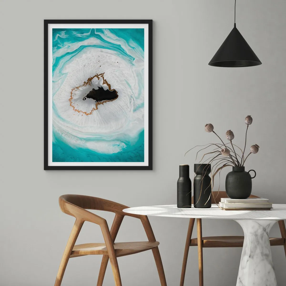 Plagát v čiernom ráme - Abstraktný motív v tyrkysových a bielych odtieňoch so zlatým nádychom - 50x70cm - Preniknúť dovnútra - Moderná nástenná dekorácia do obývacej izby a spálne ARTTOR