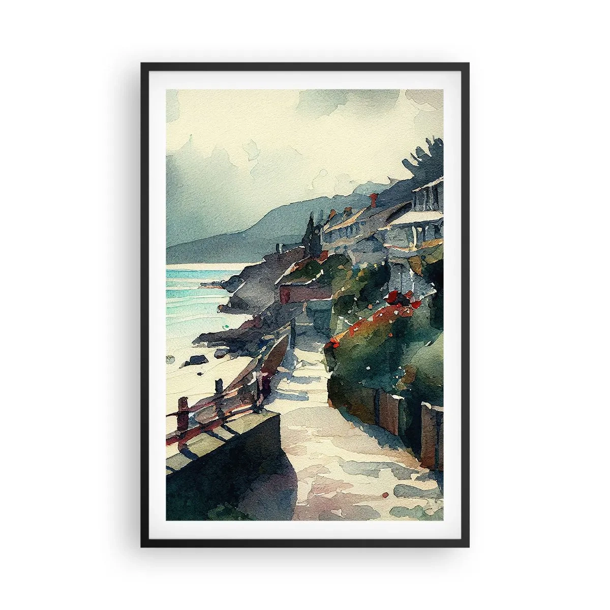 Plagát v čiernom ráme - Stredomorské mestečko - 61x91 cm