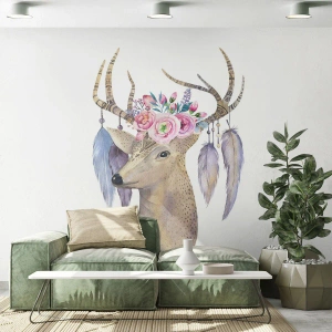 Fototapeta Standard Eco - Jeleň v boho štýle s kvetmi a perím na parohoch - 100x70cm - Sprievodca duše - jemný, nevinný - Moderná nástenná dekorácia do obývacej izby a spálne ARTTOR