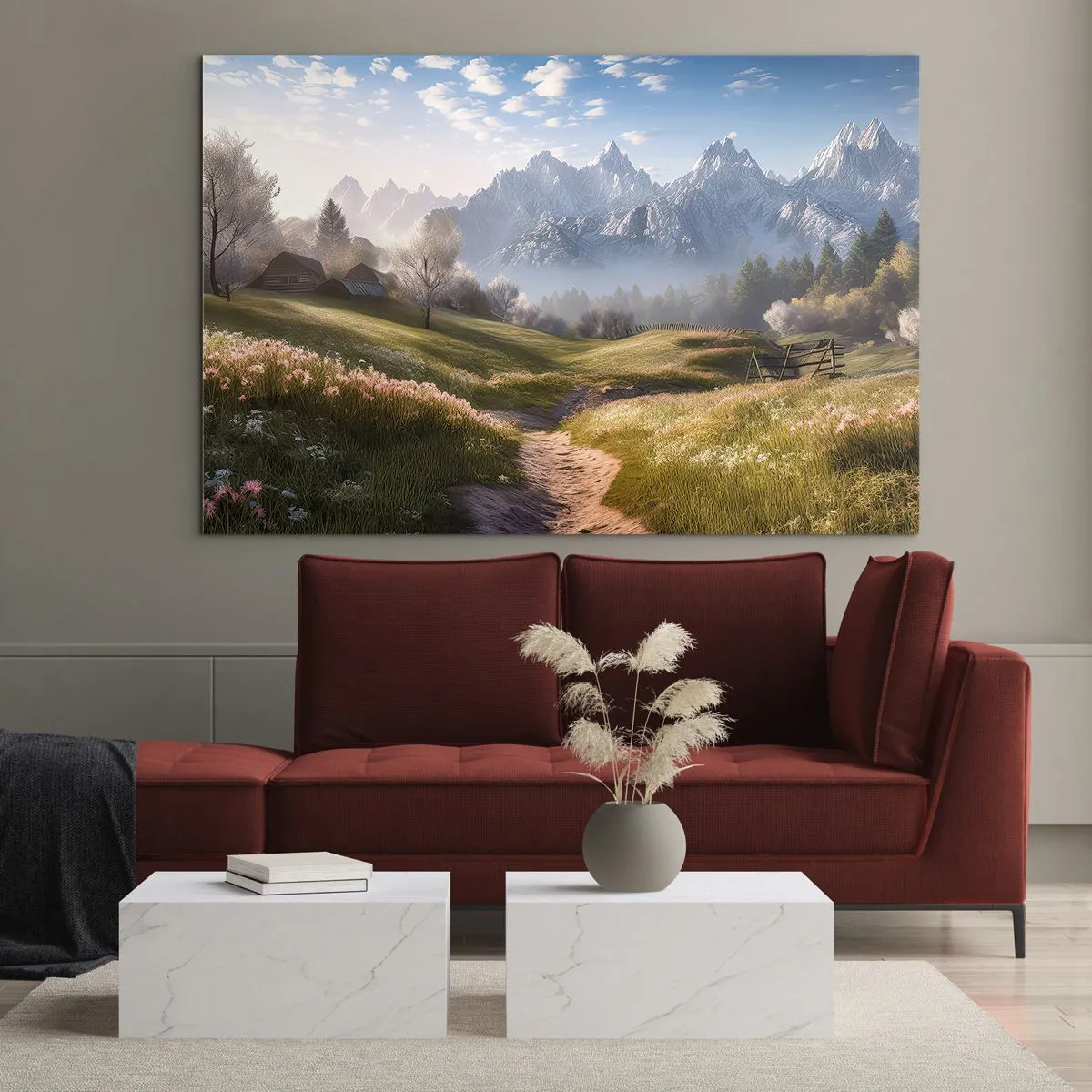 Obraz na skle - Jarná krajina s údolím, kvetmi a horami v pozadí ráno - 70x50cm - Idylické údolie - Moderná nástenná dekorácia do obývacej izby a spálne ARTTOR