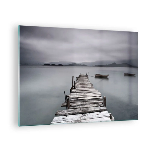 Obraz na skle - Drevené mólo na jazere v hmlistý deň - 70x50cm - Zajtra môžeš vyraziť - Moderná nástenná dekorácia do obývacej izby a spálne ARTTOR