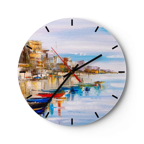 Nástenné hodiny - Farebné mestské útočisko v impresionistickom štýle - 30x30cm - Viacfarebný mestský prístav - Moderná nástenná dekorácia do obývacej izby, kuchyne a spálne ARTTOR