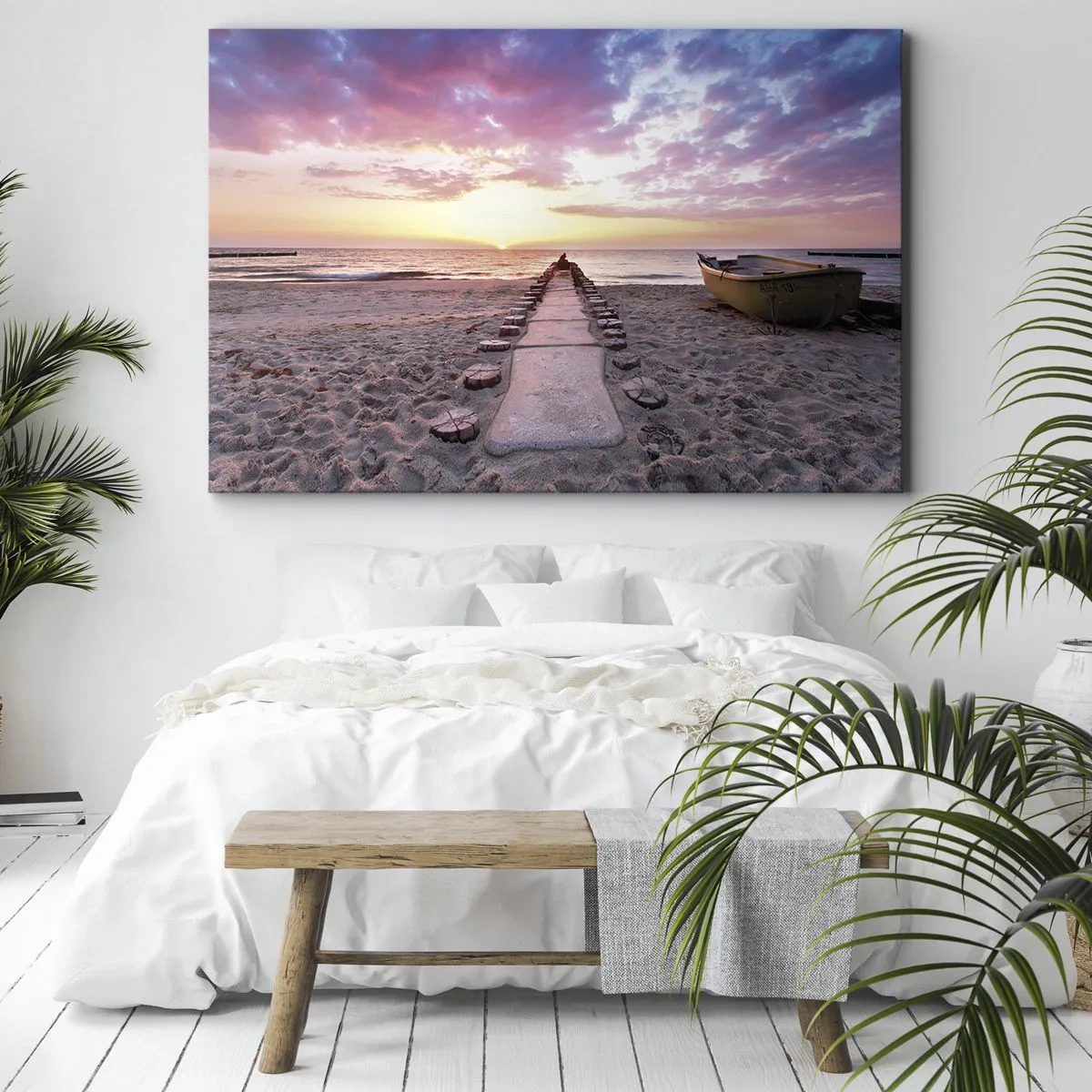 Obraz na plátne - Pláž pri východe slnka s loďou a mólom - 70x50cm - Okamih hlbokého zážitku - Moderná nástenná dekorácia do obývacej izby a spálne ARTTOR