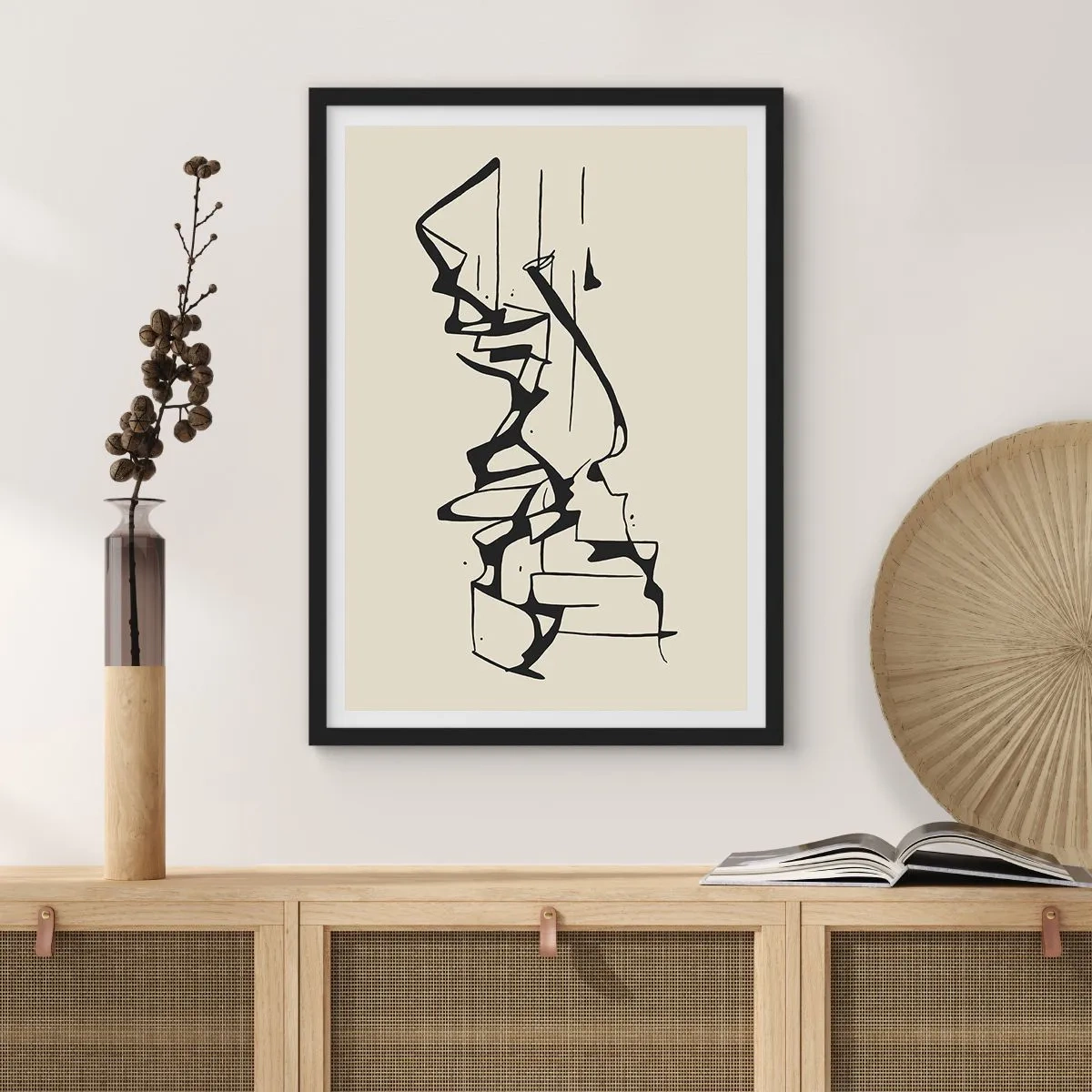 Plagát v čiernom ráme - Abstraktná čiernobiela kompozícia čiar a tvarov - 50x70cm - Možná krajina - Moderná nástenná dekorácia do obývacej izby a spálne ARTTOR