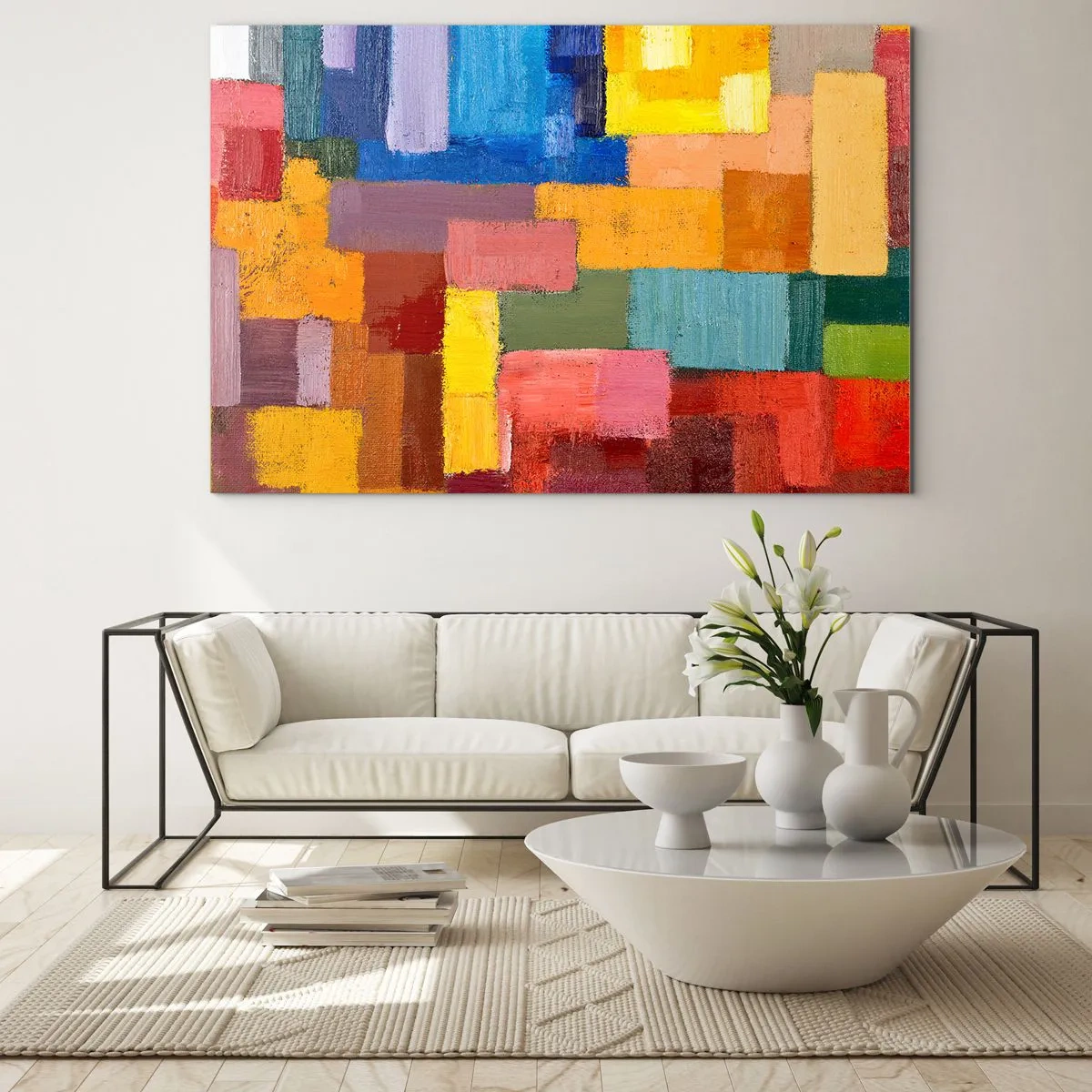 Obraz na skle - Abstraktná kompozícia farebných obdĺžnikov - 70x50cm - Každý iný, všetky farebné - Moderná nástenná dekorácia do obývacej izby a spálne ARTTOR