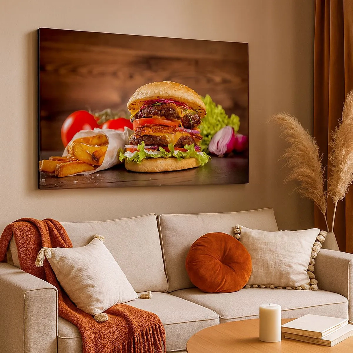 Obraz na plátne - Chutný burger s prílohami - 70x50cm - Zakázané ovocie - Moderná nástenná dekorácia do obývacej izby a spálne ARTTOR