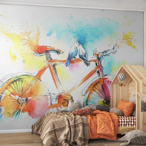 Samolepiaca Fototapeta Deluxe Sticker - Spolu na bicykli - Abstrakcia, Bicykel, Vtáky - 300x210 cm