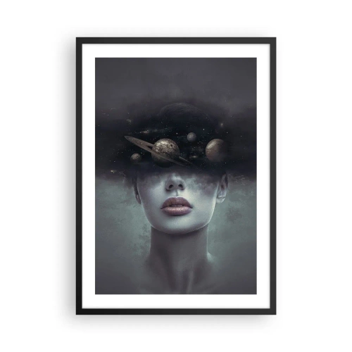 Plagát v čiernom ráme - Tajomný portrét ženy s planétami vo vesmíre - 50x70cm - A planéty… - Moderná nástenná dekorácia do obývacej izby a spálne ARTTOR