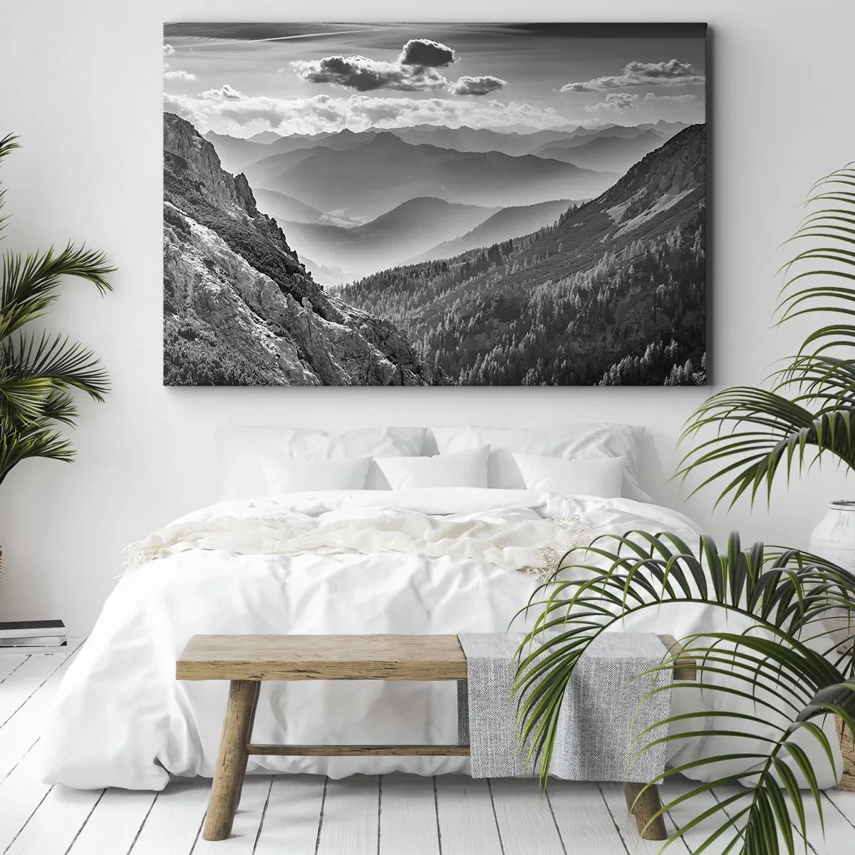 Obraz na plátne - Čiernobiela horská krajina s oblakmi nad vrcholmi - 70x50cm - Až k horizontu - Moderná nástenná dekorácia do obývacej izby a spálne ARTTOR