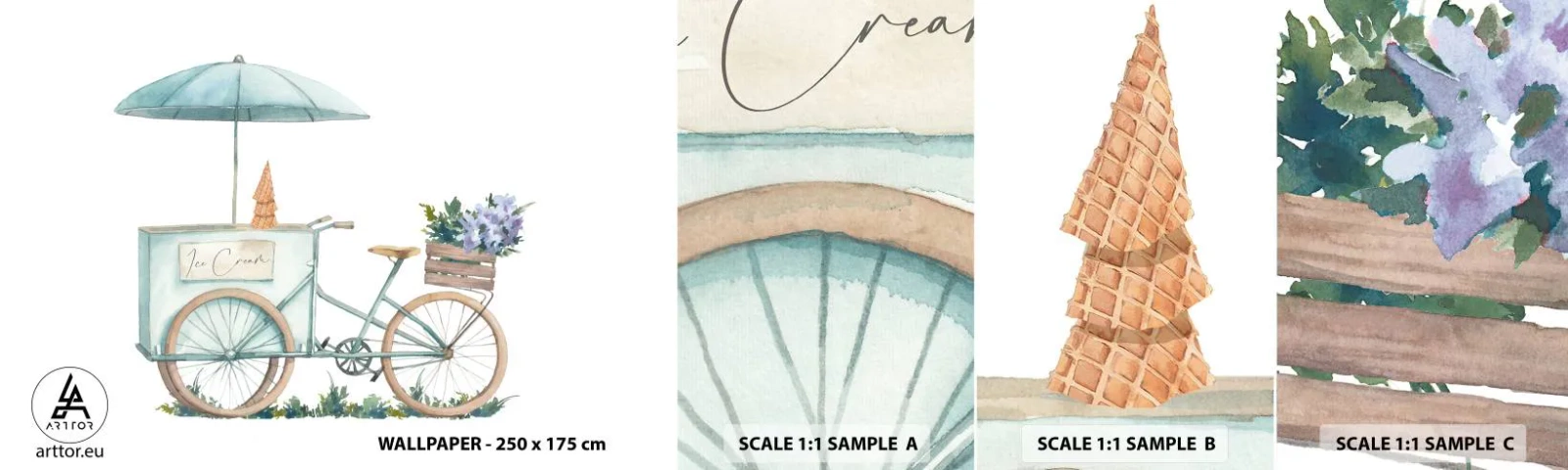 Vzorka samolepiacej fototapety Deluxe Sticker - Sladká spomienka na leto - Pastel, Zmrzlina, Bicykel - 100x30 cm