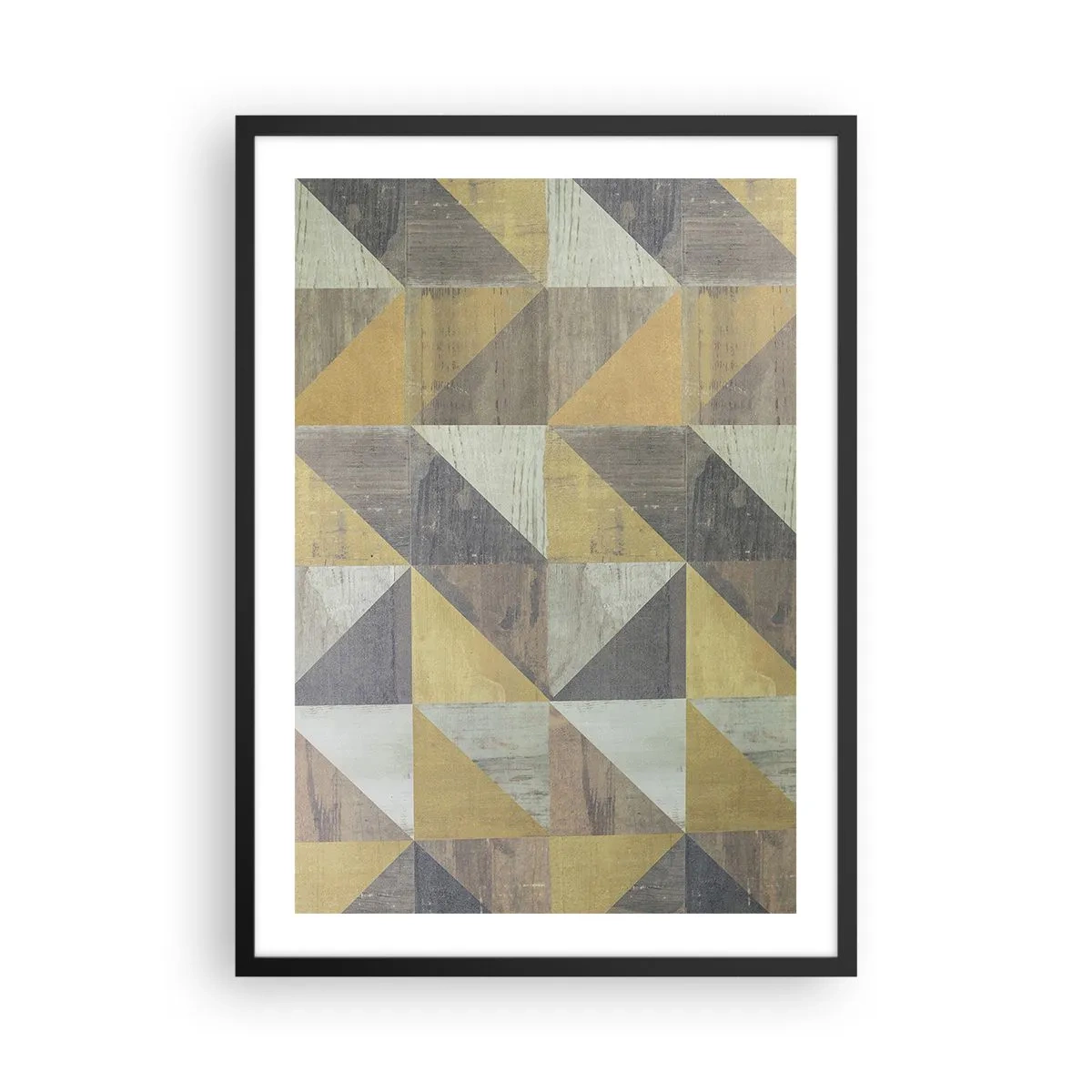 Plagát v čiernom ráme - Geometrický vzor v odtieňoch zlatej a sivej - 50x70cm - V uhle trojuholníka - Moderná nástenná dekorácia do obývacej izby a spálne ARTTOR