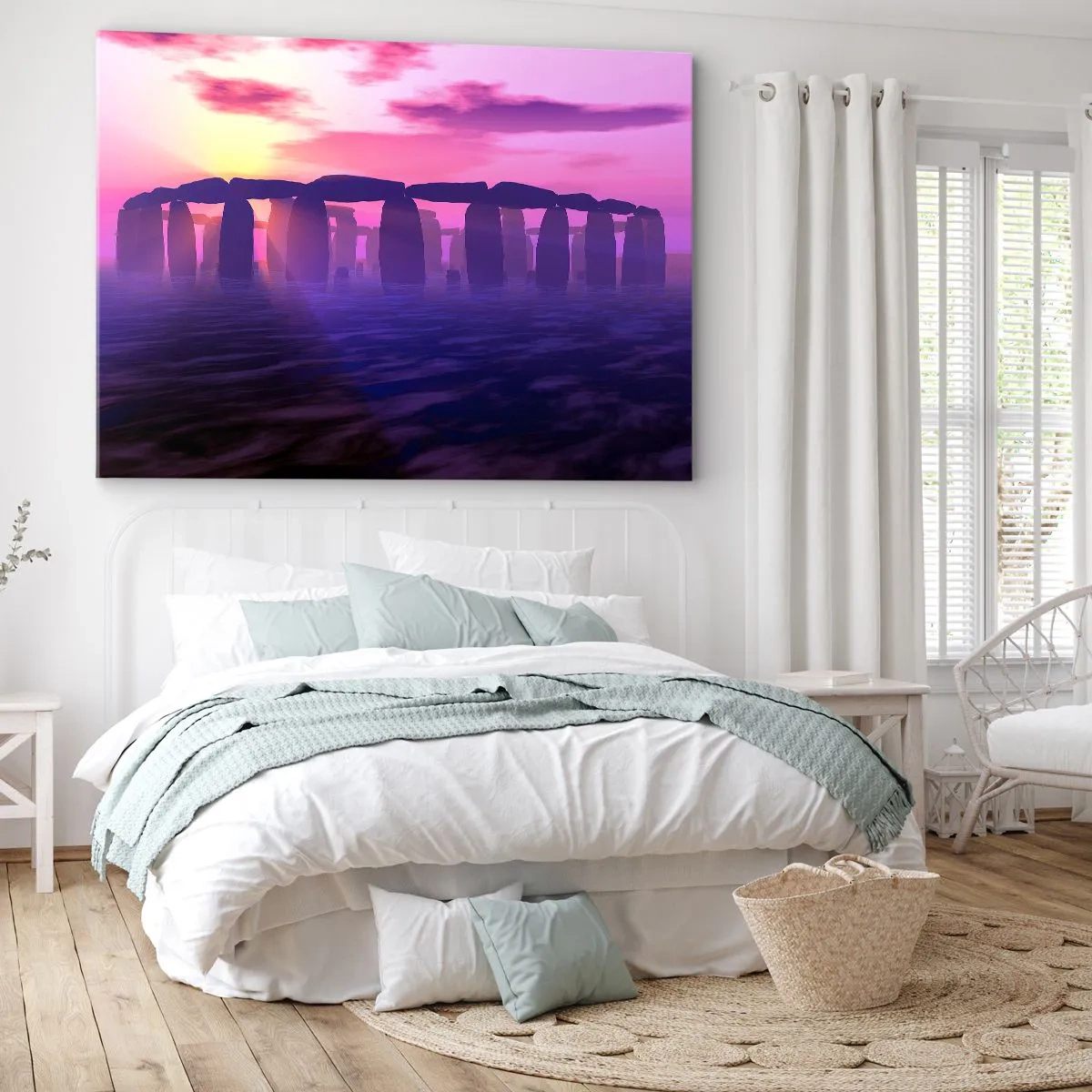 Obraz na plátne - Kamenný kruh pri západe slnka s fialovou oblohou - 70x50cm - Tajomstvo za svitania v hmle - Moderná nástenná dekorácia do obývacej izby a spálne ARTTOR