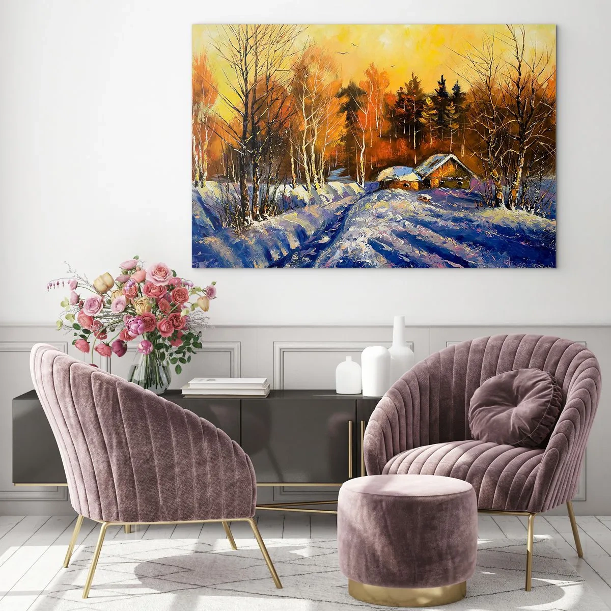 Obraz na skle - Zimná krajina s drevenou chatkou pri západe slnka - 70x50cm - Zimná impresia v slnku - Moderná nástenná dekorácia do obývacej izby a spálne ARTTOR